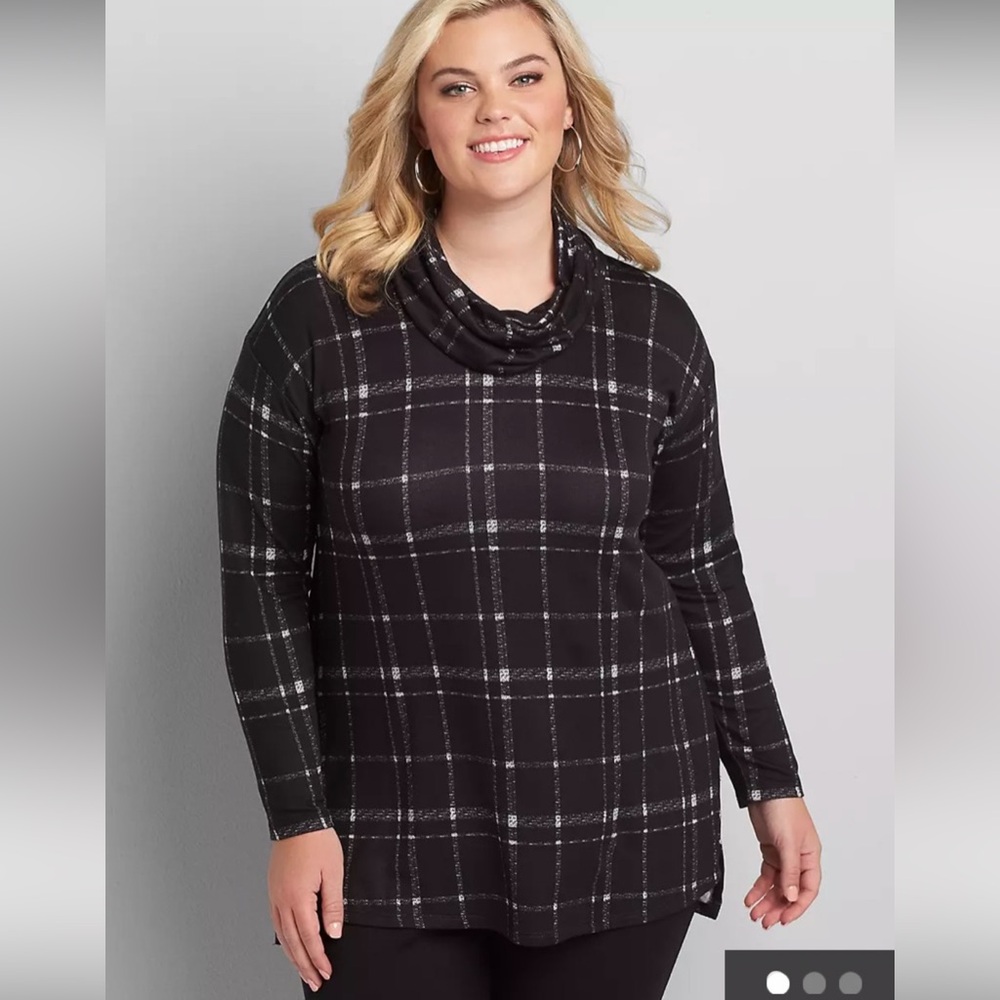 NWT Lane Bryant B&W Plaid Cowl Neck Blouse